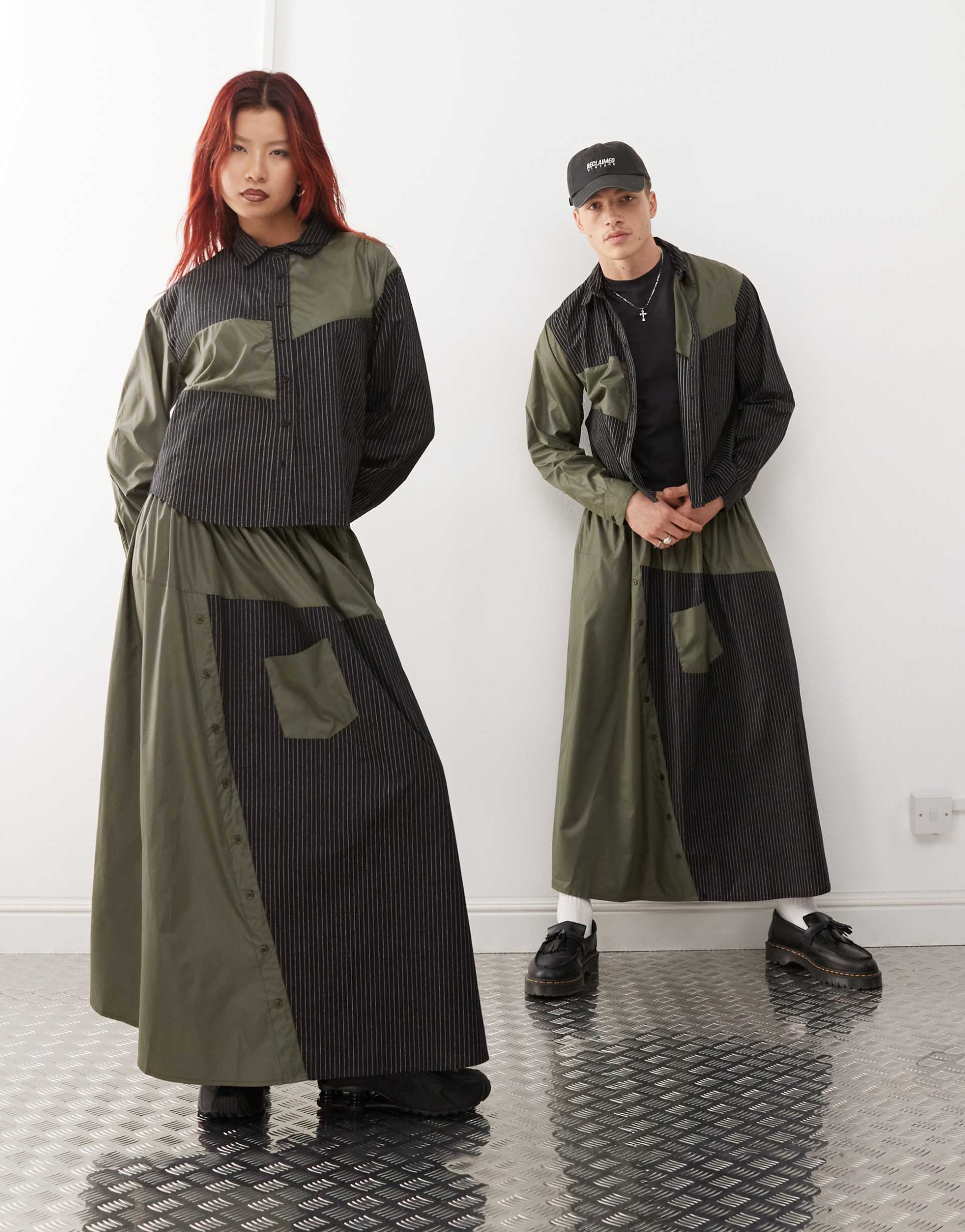 reclaimed vintage genderless cropped shirt in spliced pinstripe and nylon