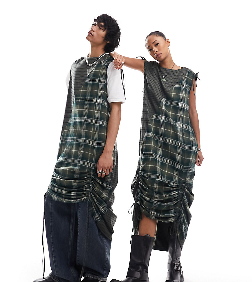 genderless dress with ruching detail in check-Multi