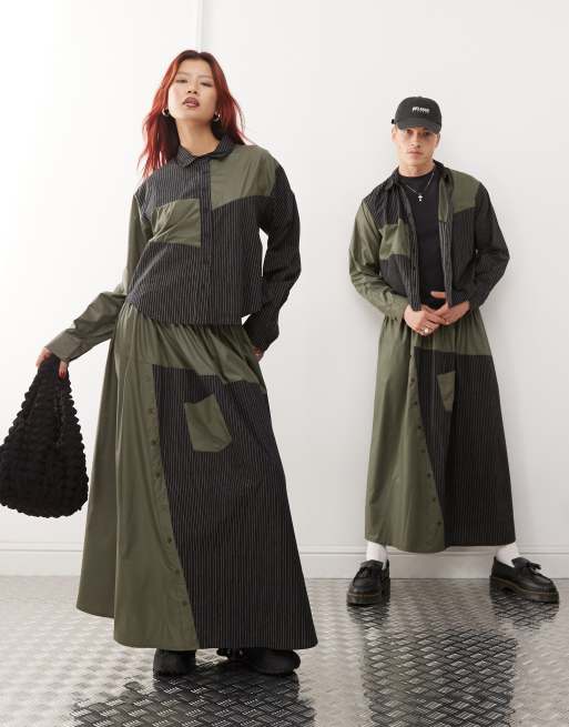 Reclaimed Vintage – Genderless – Kritstrecksrandig midikjol i nylon och delad design