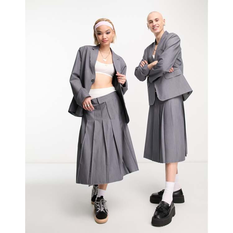 Reclaimed Vintage genderless pleated midi skirt co-ord in grey | ASOS