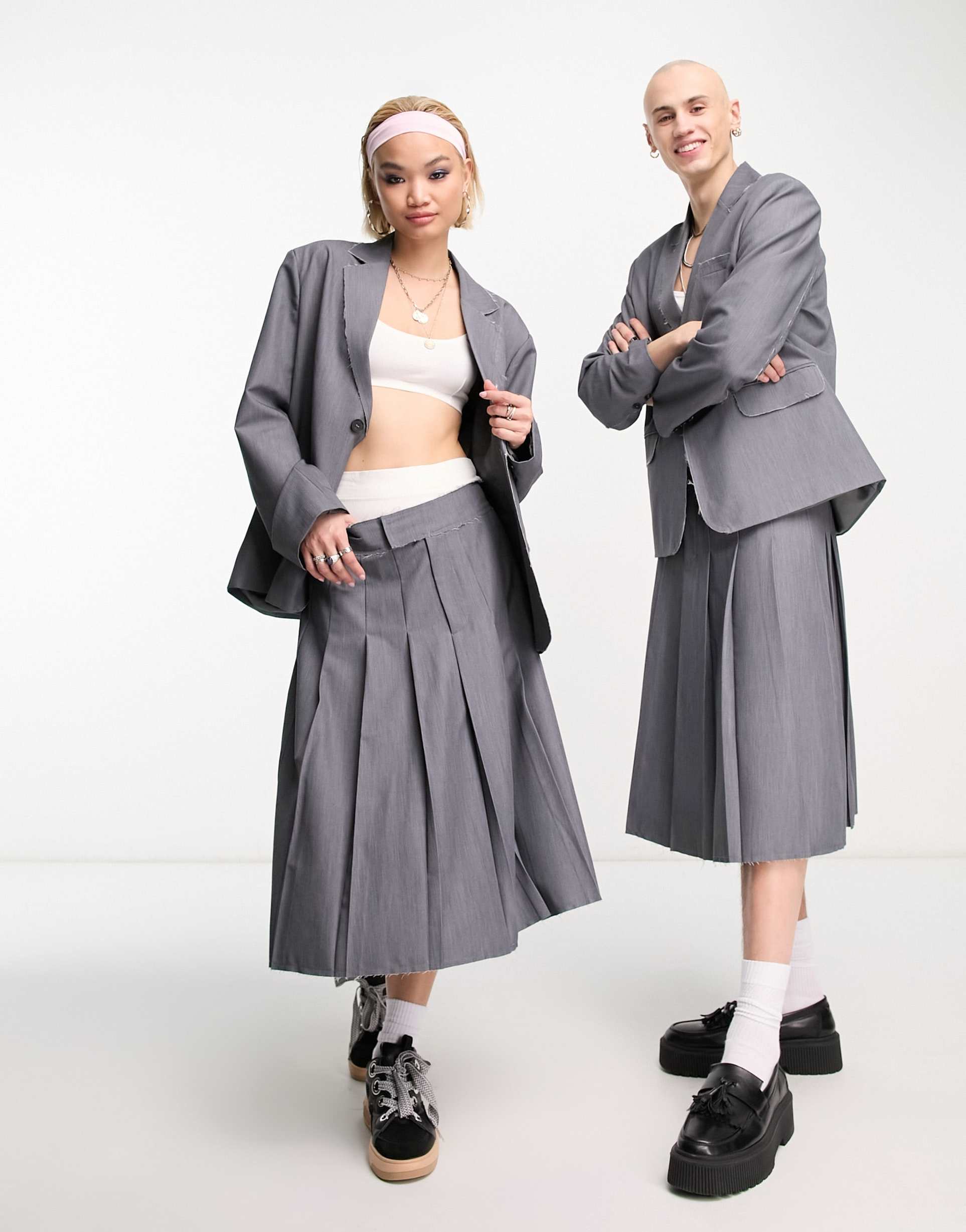 Reclaimed Vintage genderless pleated midi skirt co-ord in grey view 2