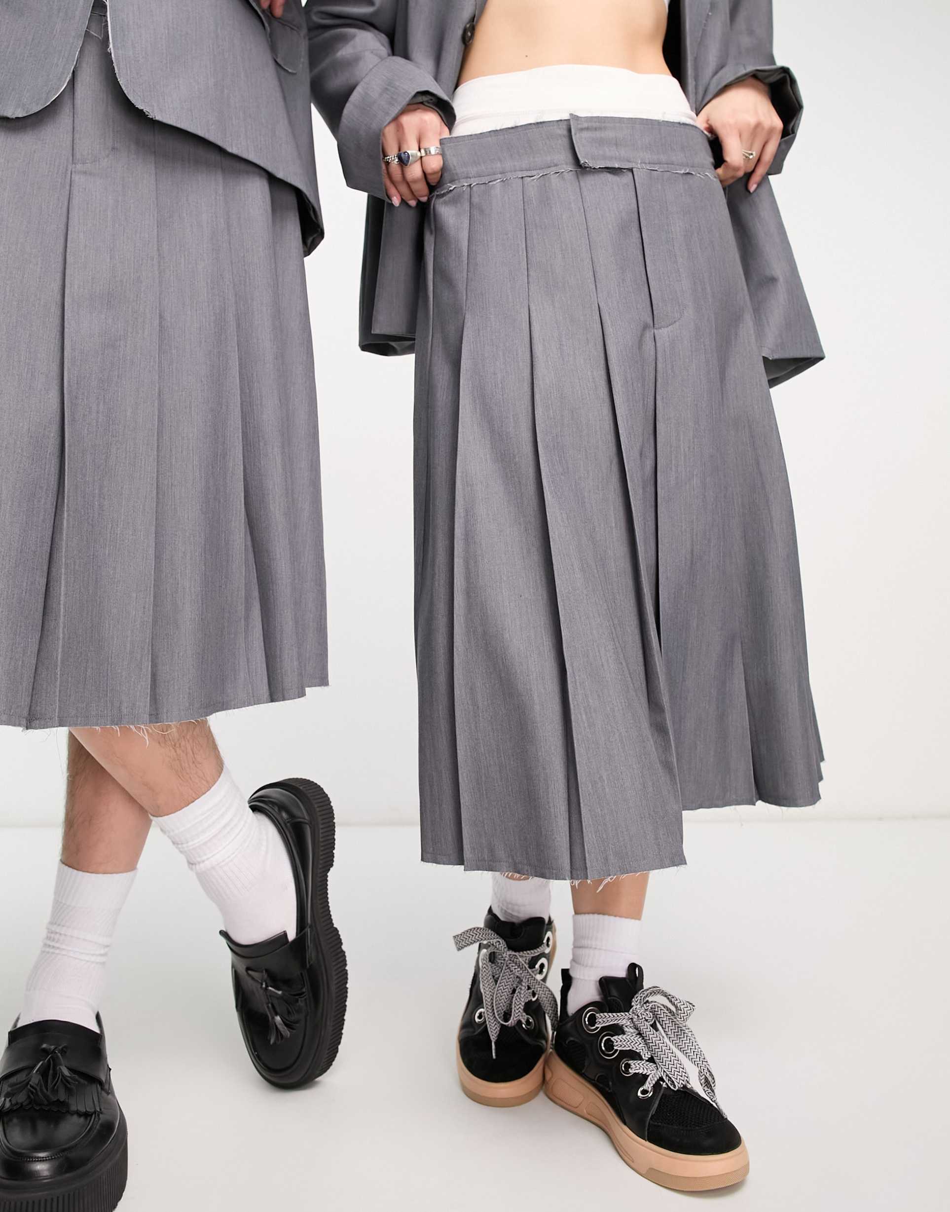 Reclaimed Vintage genderless pleated midi skirt co-ord in grey view 4