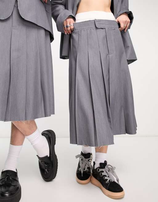 Reclaimed Vintage genderless pleated midi skirt in gray