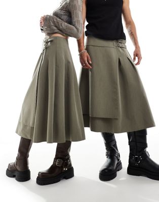 Reclaimed Vintage genderless tailored kilt skirt with buckle in olive green co-ord