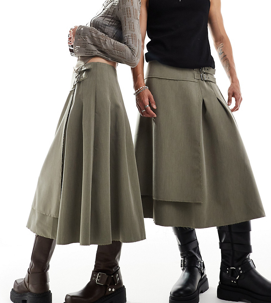 Reclaimed Vintage genderless tailored kilt skirt with buckle in olive green co-ord-Grey