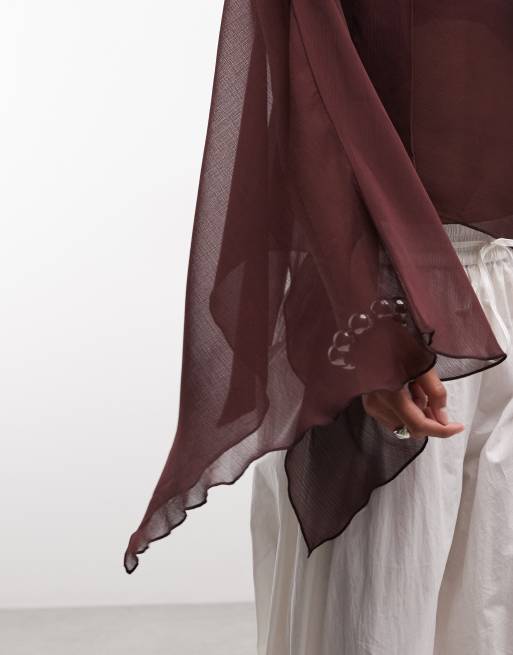 Reclaimed vintage gennemsigtig chiffonponcho i chokoladebrun, 3 af 4