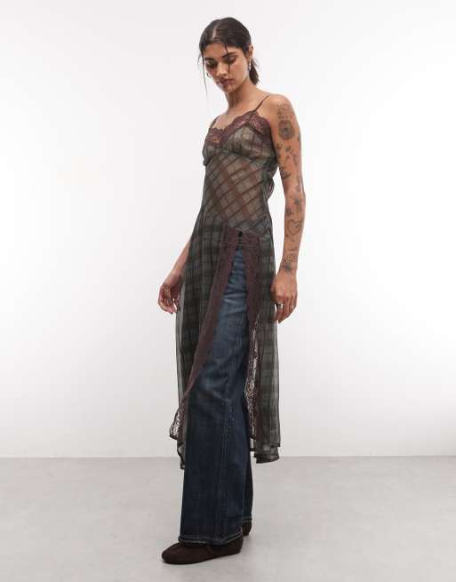 Reclaimed Vintage gennemsigtig maxitop i chiffon med tern og blonder med cami-stropper, 1 af 4