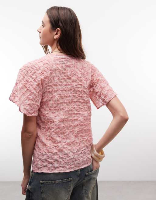 Reclaimed Vintage gennemsigtig top med tekstur, bindebånd foran og blondedetaljer i pink tern, 4 af 4