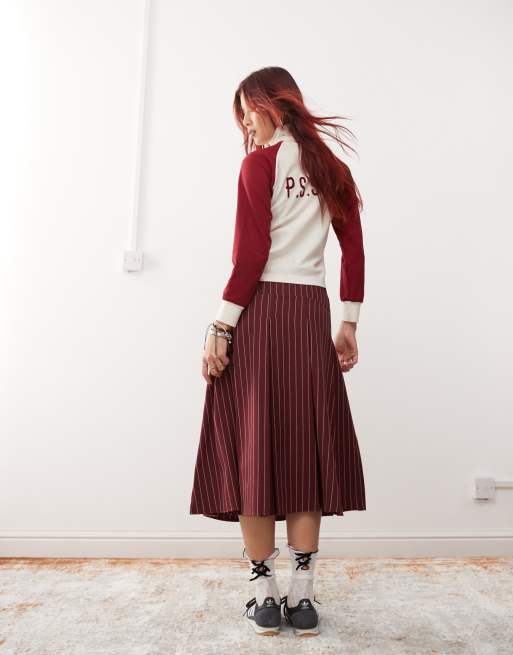Reclaimed Vintage - Geplooide midi rok in bordeauxrode krijtstreep, 4 van 5