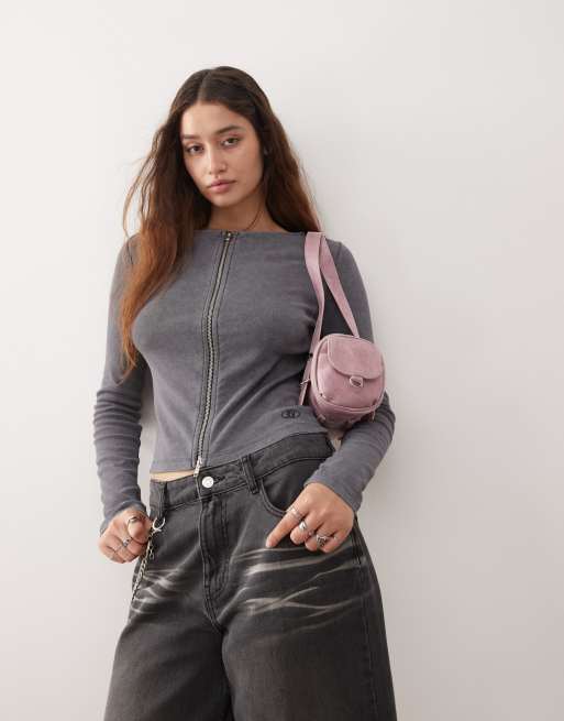 Reclaimed Vintage - Geribbelde cropped top met rits en lange mouwen in antraciet met wassing