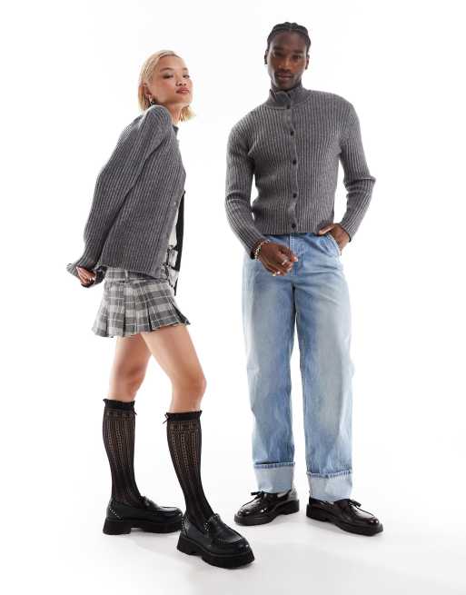 Reclaimed Vintage – Gerippter, geknöpfter Unisex-Strickpullover mit Stehkragen, 2 von 4