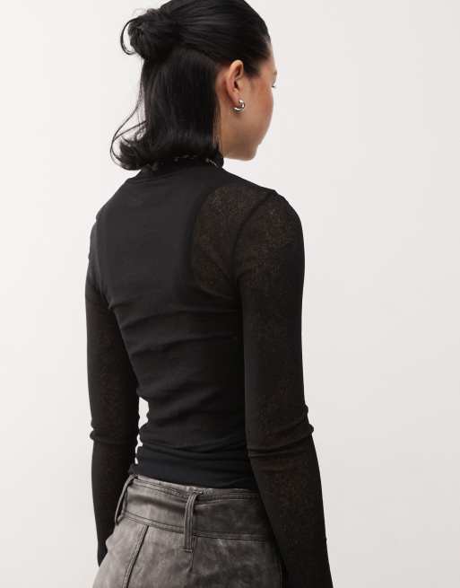 Reclaimed Vintage – Geripptes, angerautes Oberteil in Schwarz mit Stehkragen , 4 von 4