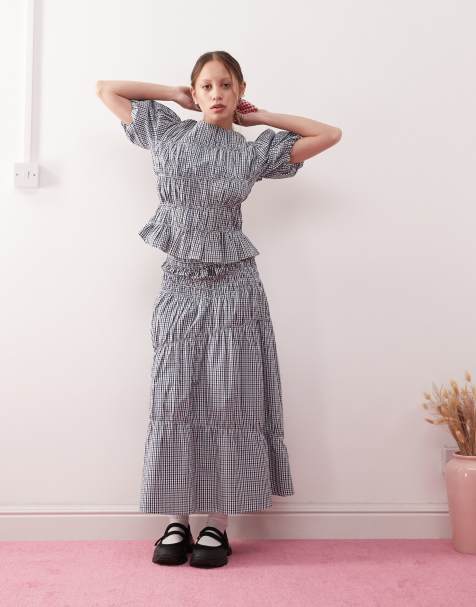 Reclaimed Vintage - Geruite co-ord set met gerimpeld detail in blauw - view 1