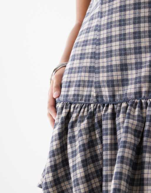 Reclaimed Vintage - Geruite mini jurk met verlaagde taille in blauw, 4 van 4
