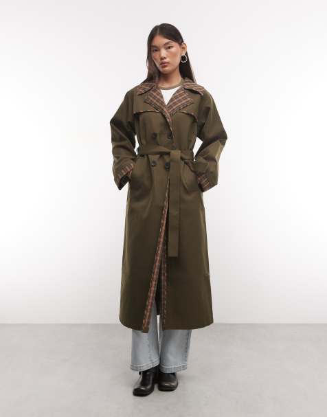 Reclaimed Vintage geruite trenchcoat met voering en riem in kaki - view 1
