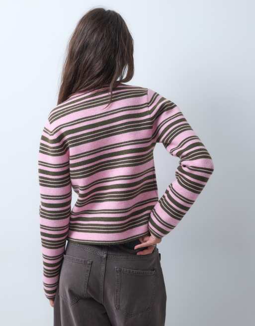 Reclaimed Vintage gestreept gebreid vest met rits in roze en bruin, 4 van 10