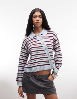 Reclaimed Vintage - Gestreifte, asymmetrische Strickjacke in Rosa und Blau-Bunt