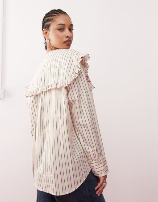 Reclaimed Vintage – Gestreifte Hemdbluse in Rosa und Grün mit übergroßem Kragen, 2 von 4