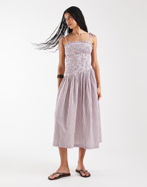 Reclaimed Vintage – Gestreiftes Midikleid in Burgunderrot und Cremeweiß mit gesmoktem Oberteil - view 1