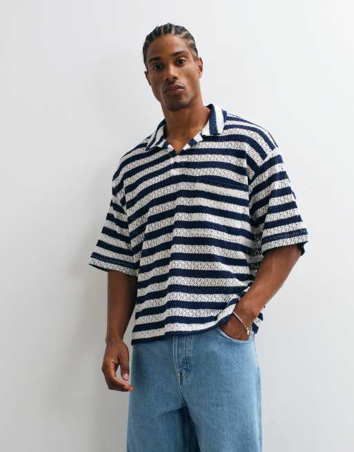Reclaimed Vintage gestreiftes Polohemd in Schwarz und Ecru