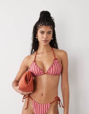 Reclaimed Vintage - Gestreiftes Triangel-Bikinioberteil in Rosa und Rot mit gebundener Vorderseite und Rüschen-Bunt