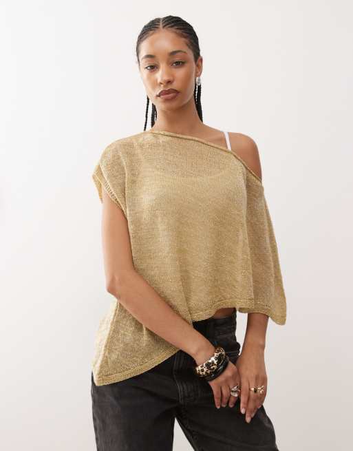 Reclaimed Vintage – Gestrickter Metallic-Poncho in Steinbeige und Gold
