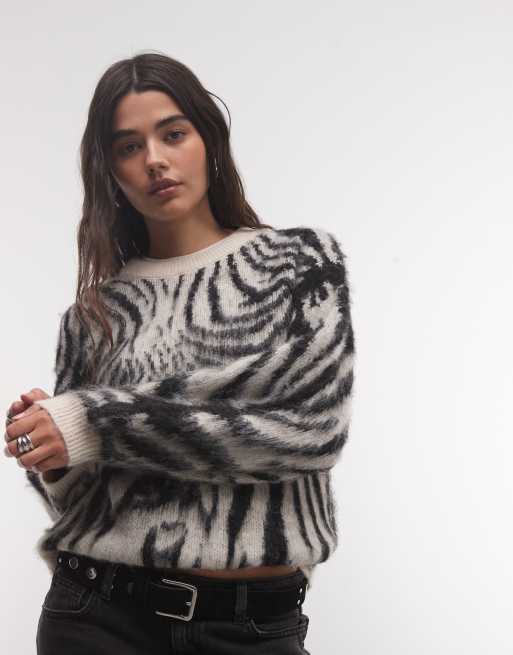 Reclaimed Vintage gestrickter Pullover mit Ballonärmeln und angerautem Finish im Zebra-Muster, 1 von 4