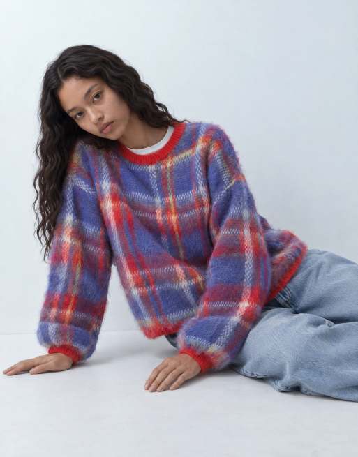 Reclaimed Vintage gestrickter Pullover mit gebürsteter Oberfläche und Rundhalsausschnitt in Rot kariert, 8 von 9
