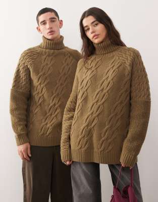 Gestrickter Unisex-Rollkragenpullover in Khaki mit Zopfmuster-Mix-Neutral Neutral S