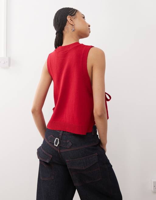 Reclaimed Vintage – Gestricktes Layering-Tanktop in Kirschrot mit Bindebändern an den Seiten, 4 von 4