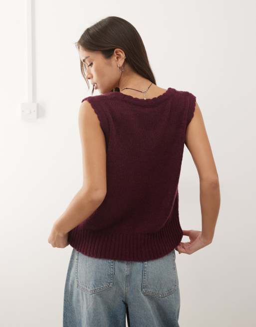 Reclaimed Vintage – Gestricktes Trägertop in Feige mit U-Ausschnitt und Muschelsaum , 3 von 4