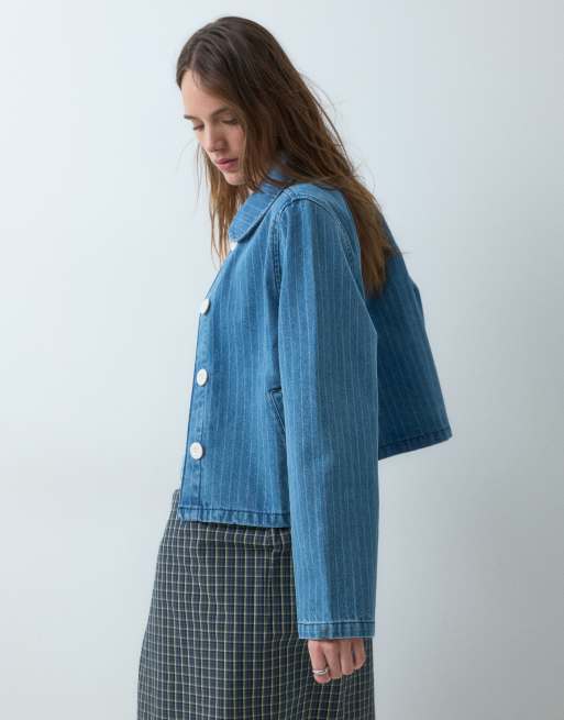 Reclaimed Vintage giacca in denim a righe blu medio, 4 di 4