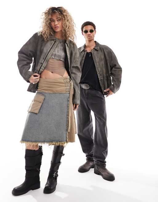 Reclaimed Vintage - Giacca marrone unisex in vera pelle slavata con zip, 2 di 4