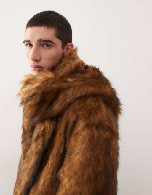 Reclaimed Vintage - Giacca oversize unisex in pelliccia sintetica marrone con cappuccio, 3 di 4