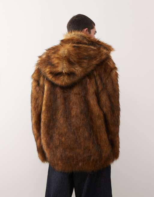 Reclaimed Vintage - Giacca oversize unisex in pelliccia sintetica marrone con cappuccio, 4 di 4