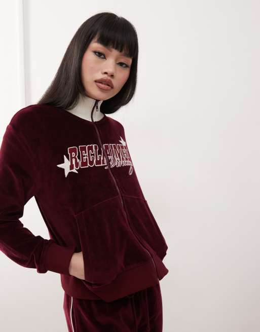Reclaimed Vintage - Giacca sportiva in velour bordeaux con zip