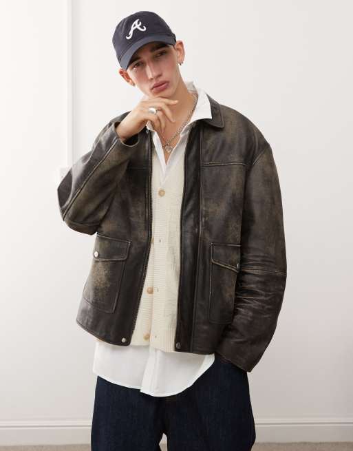 Reclaimed Vintage - Giacca trucker slavata in vera pelle