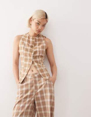 Gilet de tailleur d'ensemble ajusté à carreaux-Brown 32