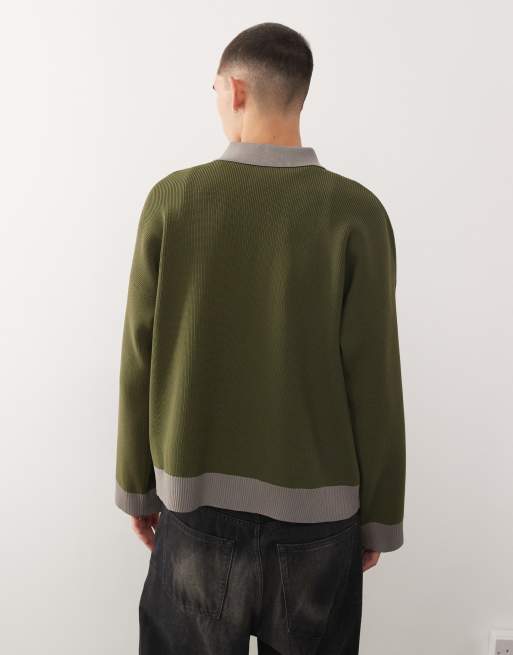 Reclaimed Vintage - Gilet en maille style universitaire avec col - Vert forêt , 3 de 5