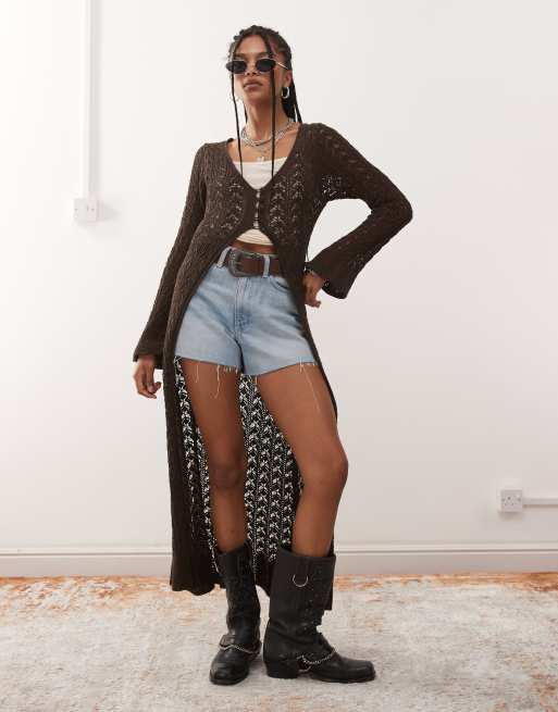 Reclaimed Vintage - Gilet long en maille pointelle - Marron