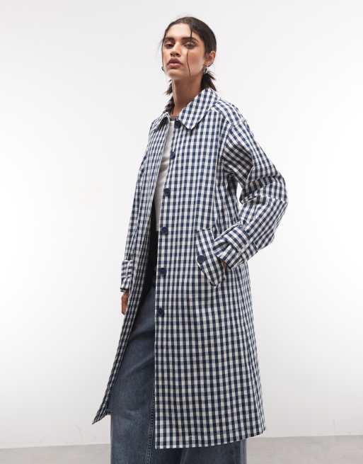 Reclaimed Vintage gingham check trench in navy, 2 of 4