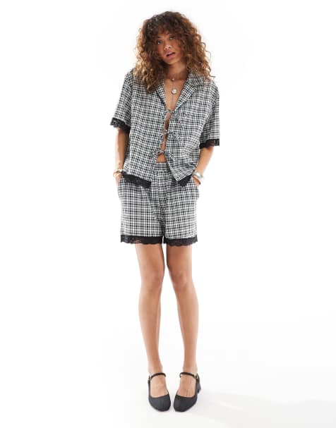 Reclaimed Vintage gingham co-ord with lace trim - view 1