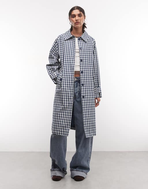Reclaimed Vintage gingham plaid trench in navy, 1 of 4