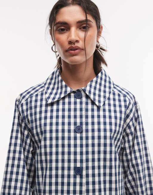 Reclaimed Vintage gingham plaid trench in navy, 3 of 4