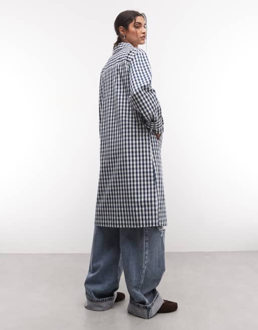 Reclaimed Vintage gingham plaid trench in navy, 4 of 4