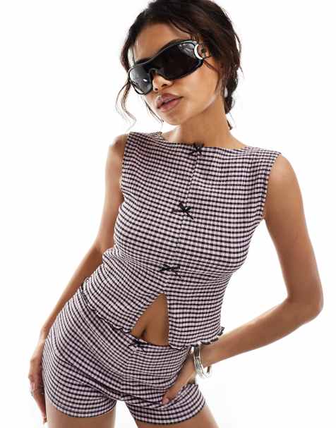 Reclaimed Vintage gingham tank co-ord with bows - view 1
