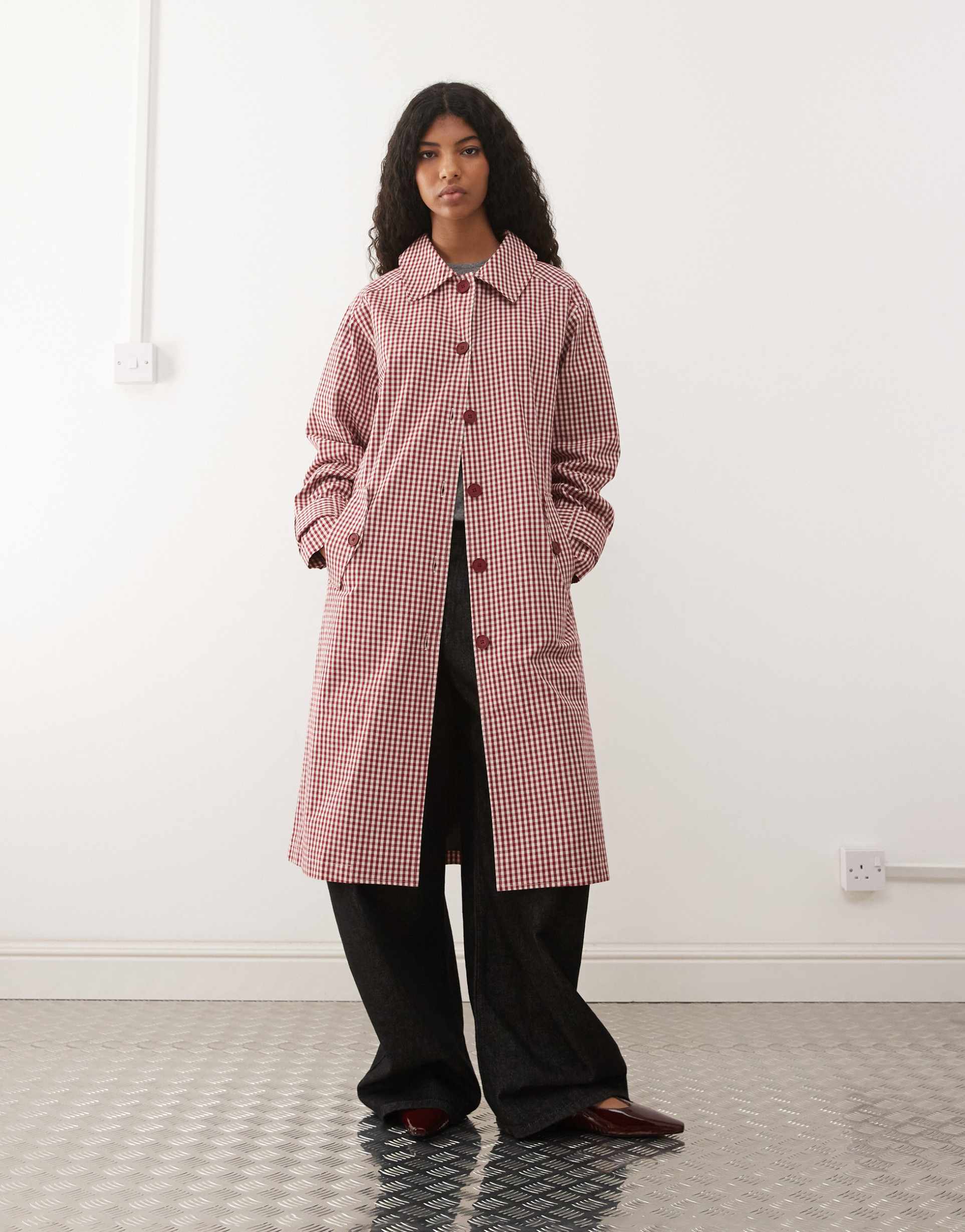 reclaimed vintage gingham trench coat in red