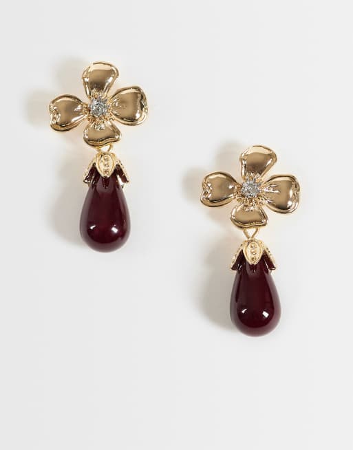 Reclaimed Vintage gold flower stud earrings with burgundy drop, 1 of 3