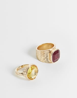Reclaimed Vintage Gold Hammered Two Pack Of Stone Set Rings