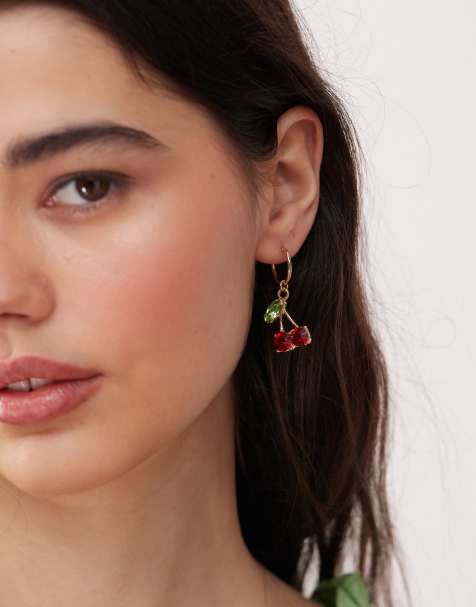 Reclaimed Vintage gold hoop earrings with cherry charms - view 1